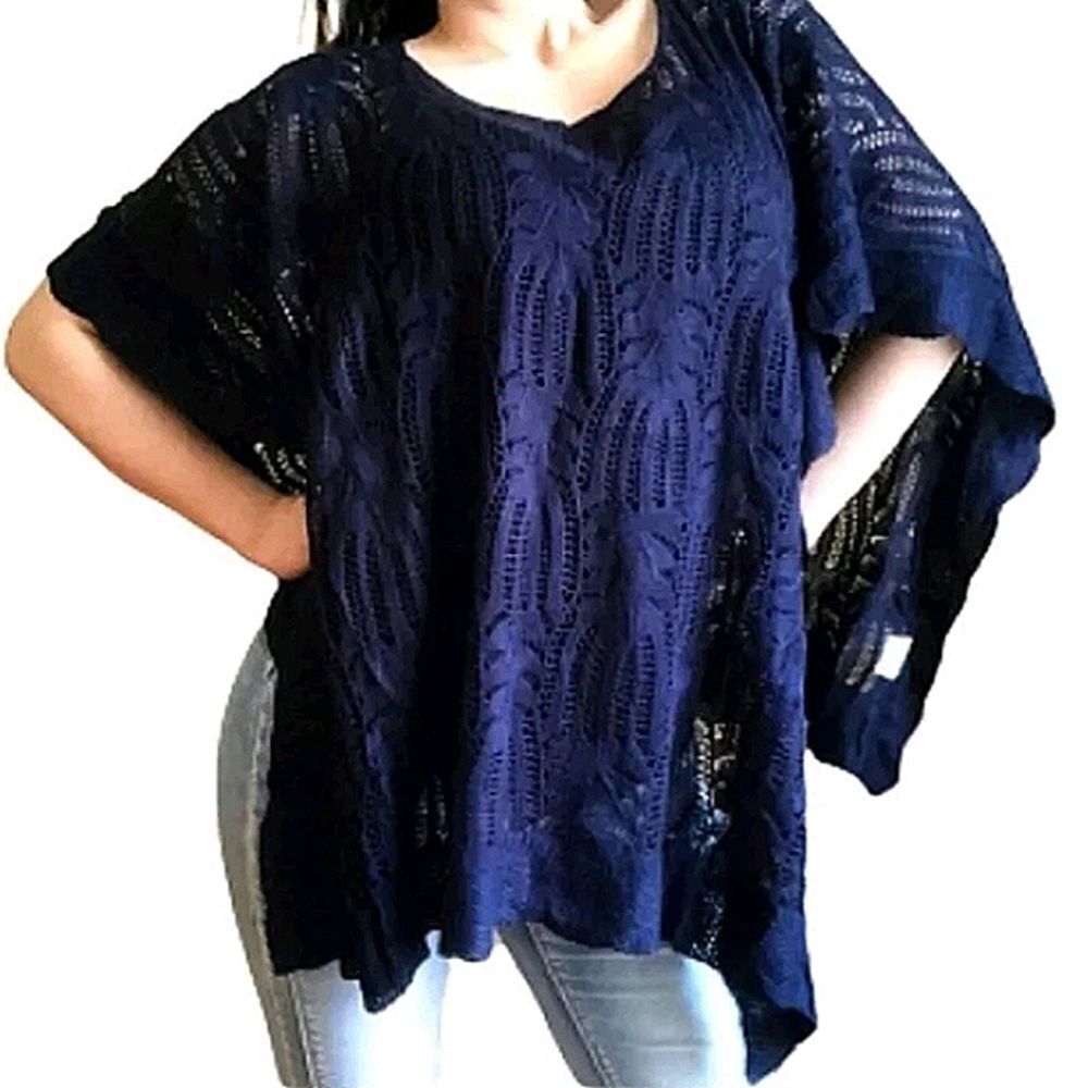 New York & Company Poncho Top Navy Crochet Knit Lagenlook Boho Beach Cover Up